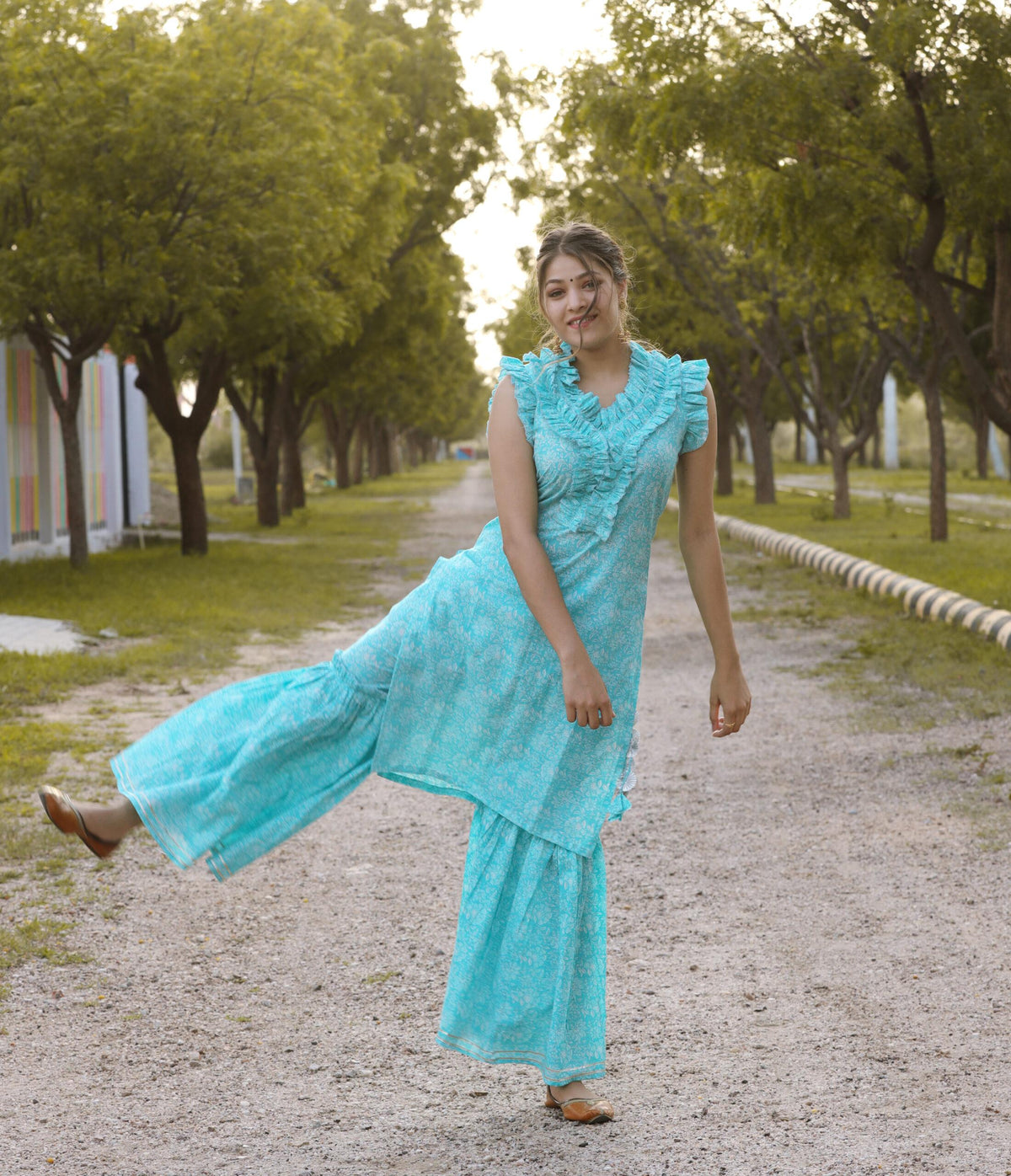 SKY BLUE FLORAL PRINT COTTON SHARARA SET OF TWO