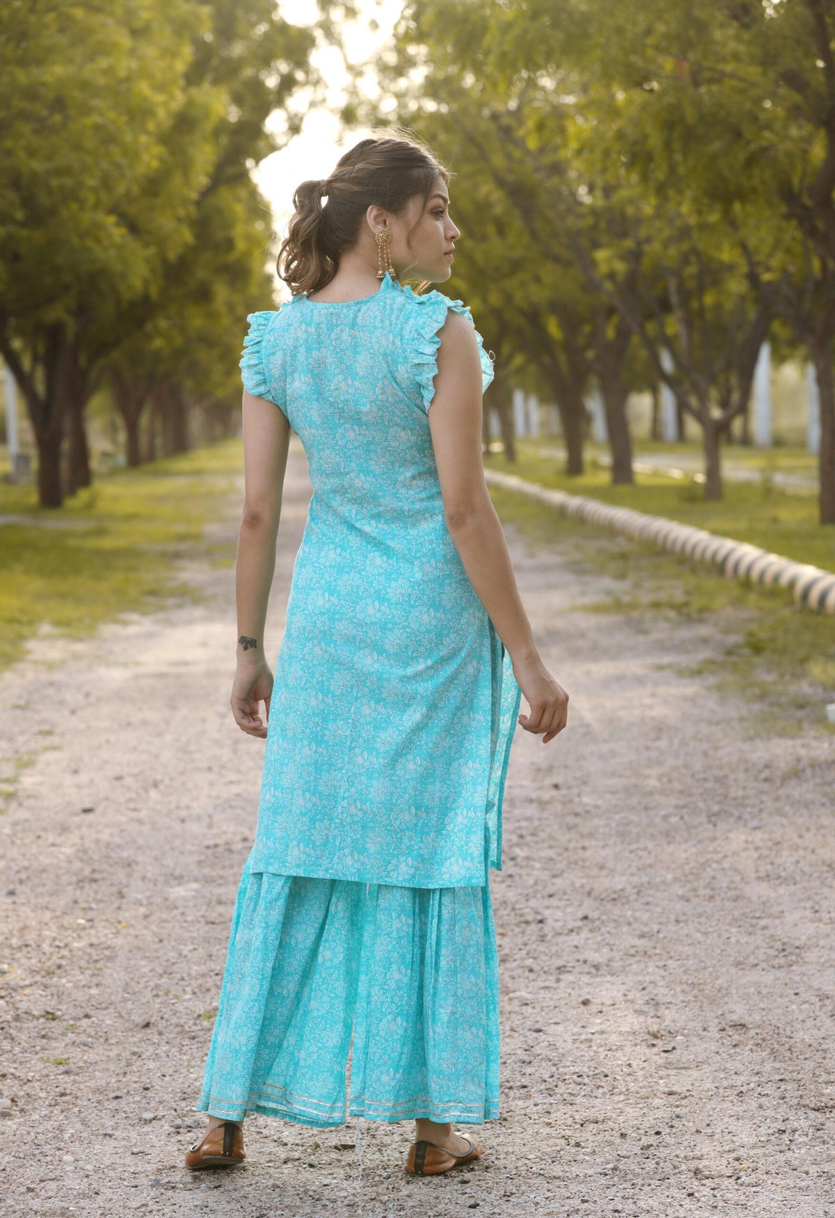 SKY BLUE FLORAL PRINT COTTON SHARARA SET OF TWO
