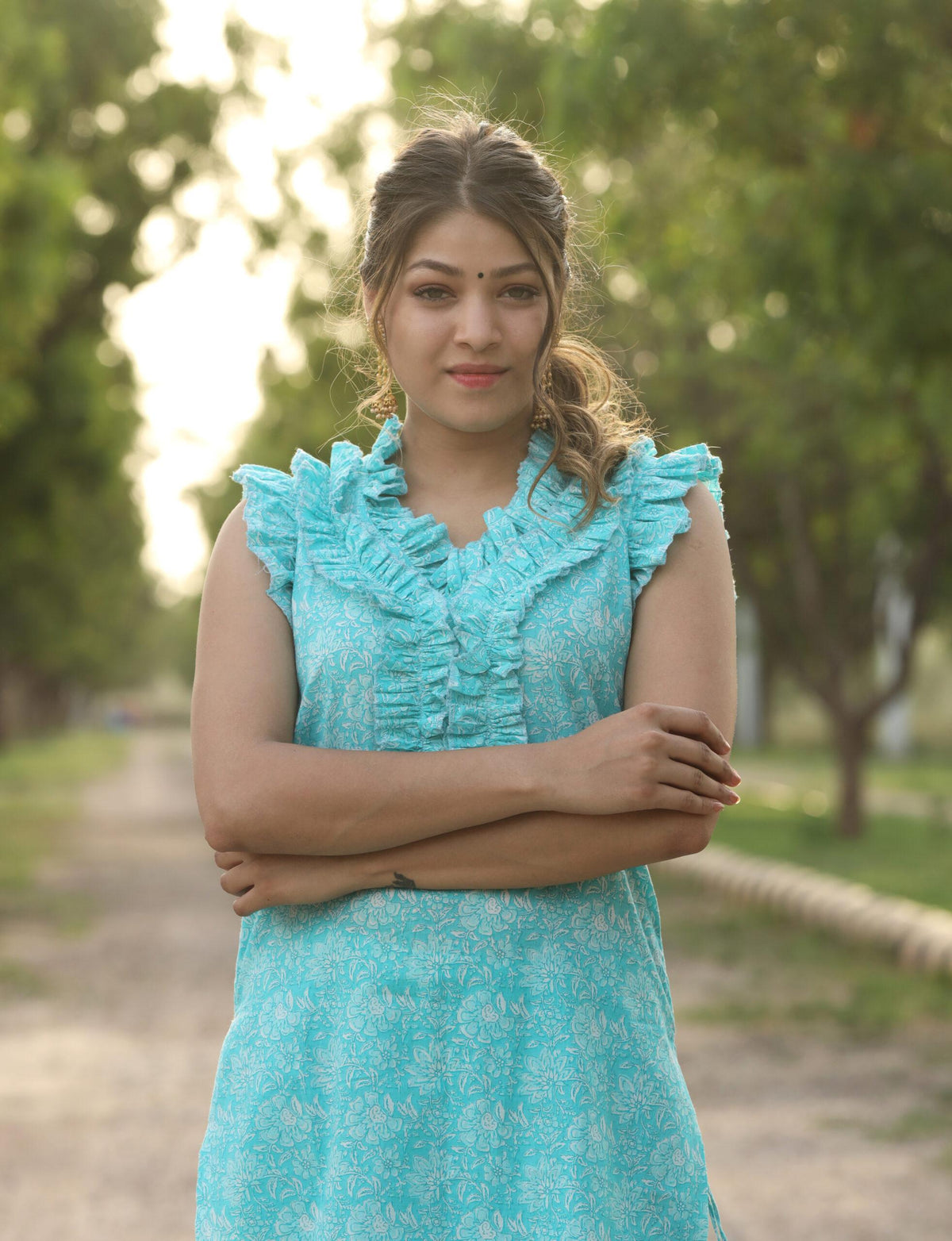 SKY BLUE FLORAL PRINT COTTON SHARARA SET OF TWO