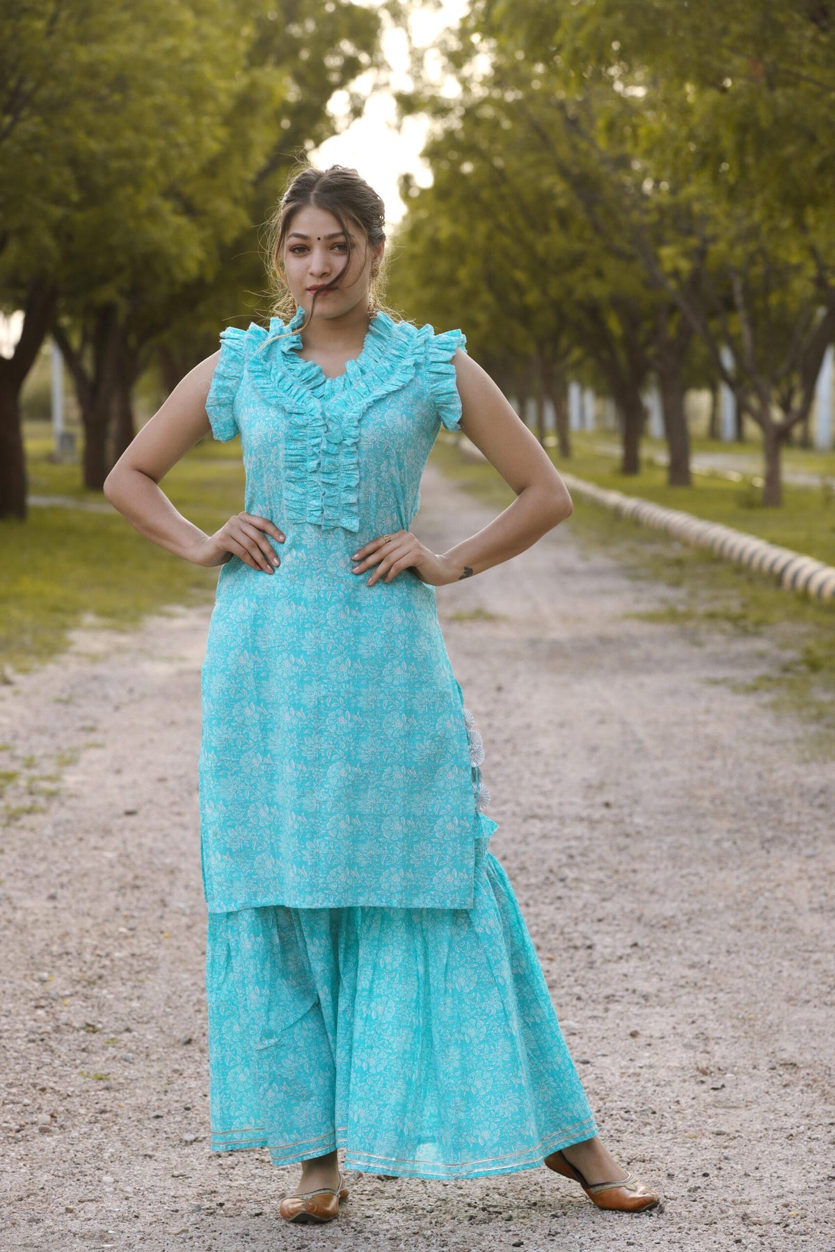 SKY BLUE FLORAL PRINT COTTON SHARARA SET OF TWO