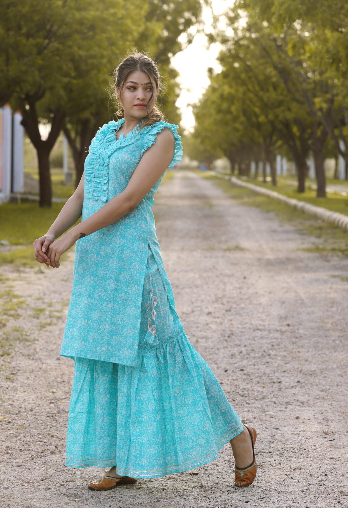 SKY BLUE FLORAL PRINT COTTON SHARARA SET OF TWO
