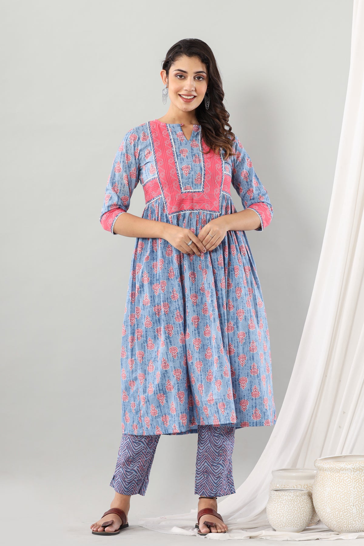 Sky Blue Gathered Side Slit Set Of Two