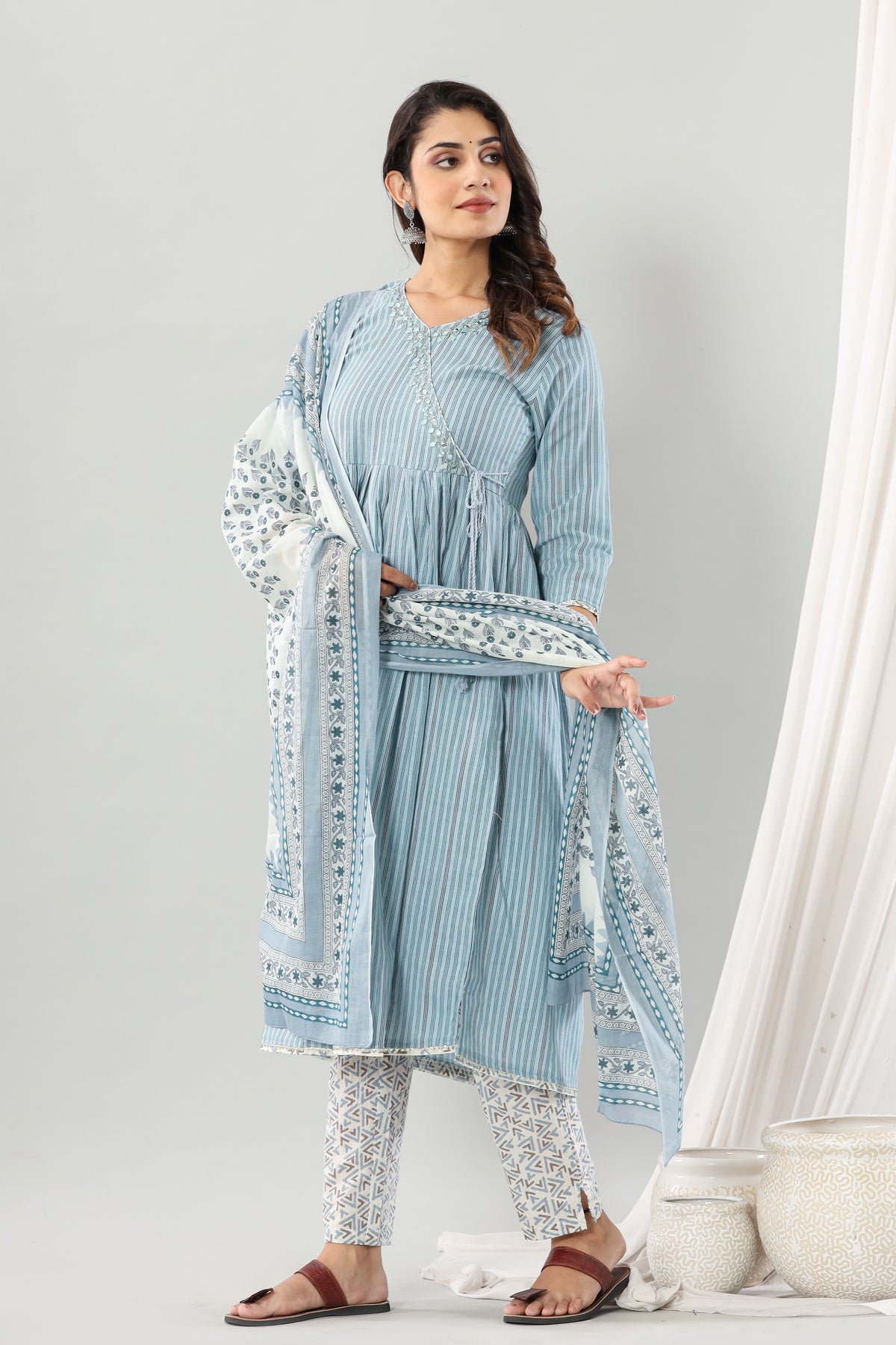 Sky Blue Mirror Work Angrakha Set