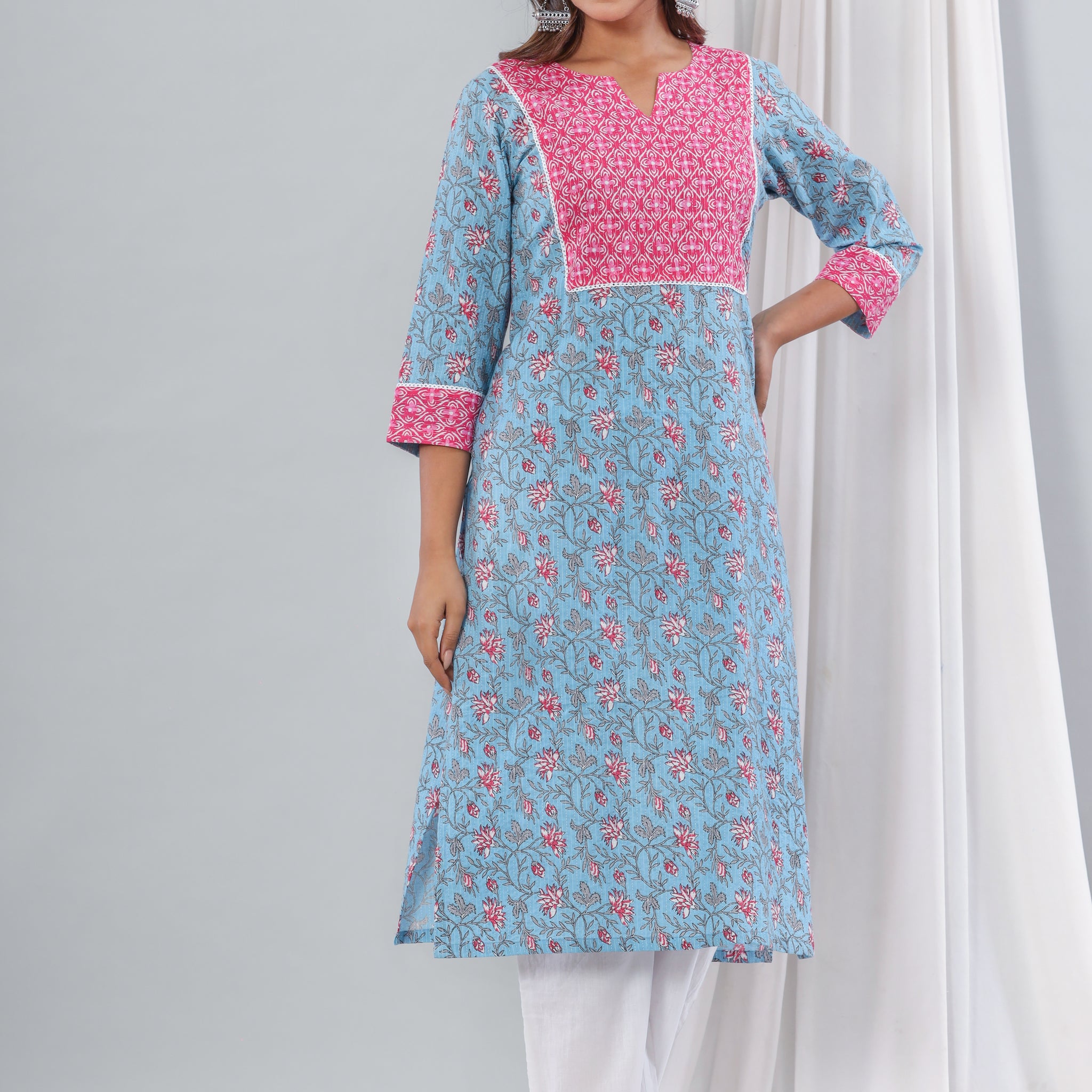 Sky Blue Pink Floral Kurta