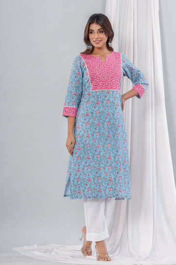 Sky Blue Pink Floral Kurta