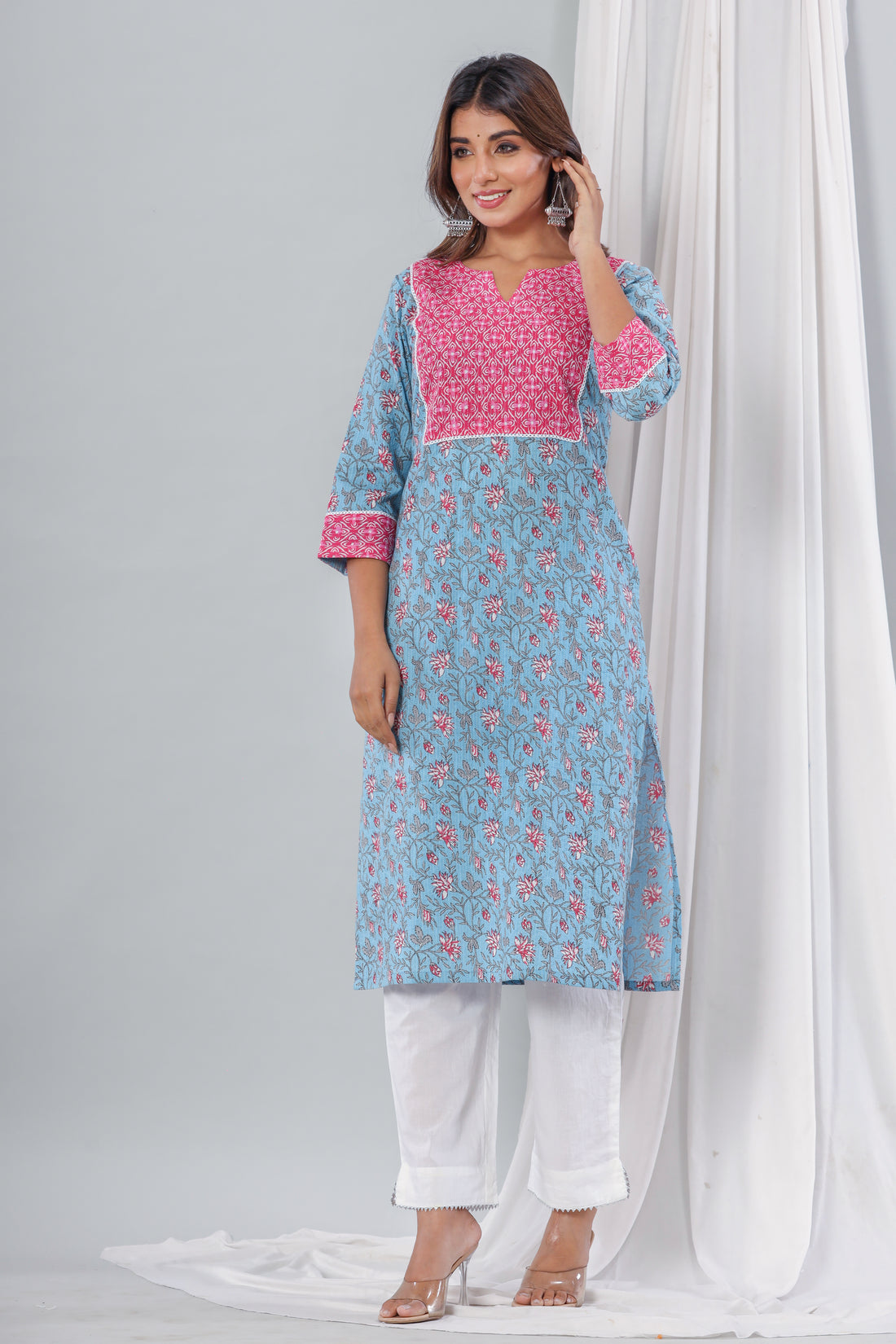 Sky Blue Pink Floral Kurta