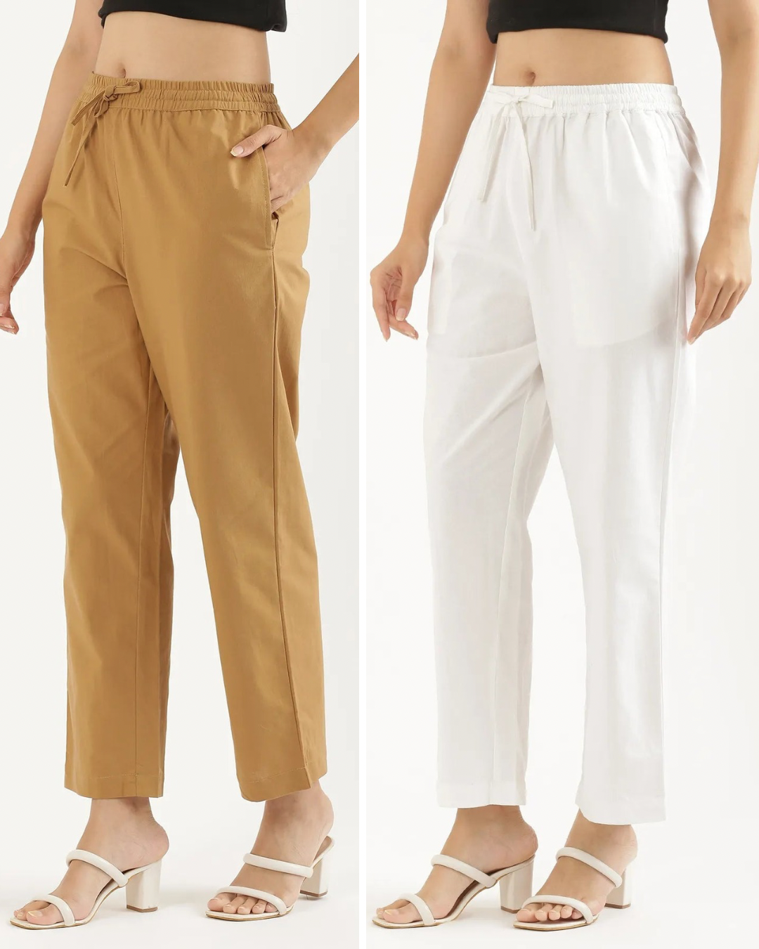 Women's Cotton Straight Pant - White & Mocha (Pack of 2)