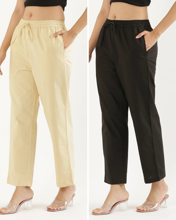 Women's Cotton Straight Pant - Beige & Black (Pack of 2)