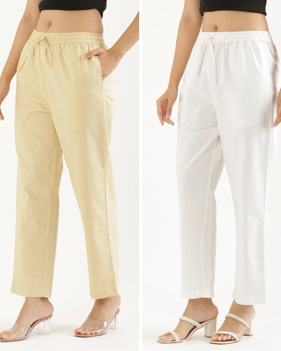 Women's Cotton Straight Pant - White & Beige (Pack of 2)
