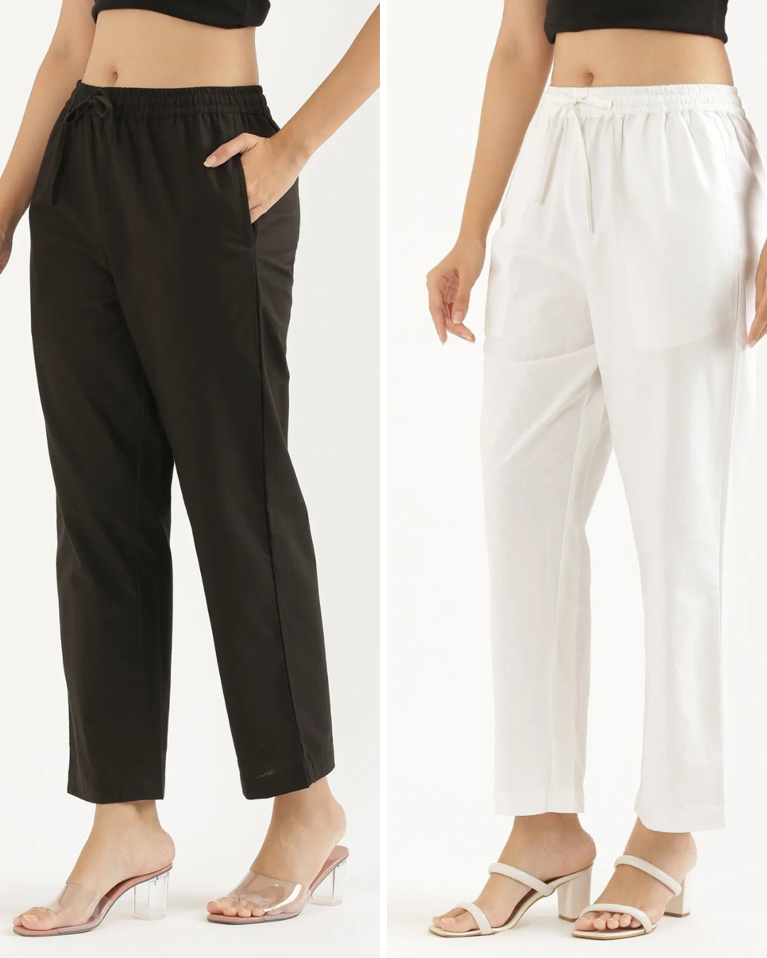 Women's Cotton Straight Pant - White & Black (Pack of 2)
