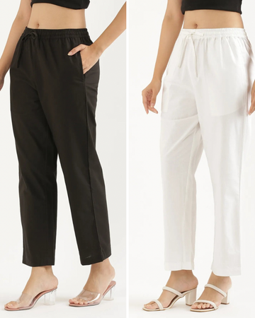 Women's Cotton Straight Pant - White & Black (Pack of 2)