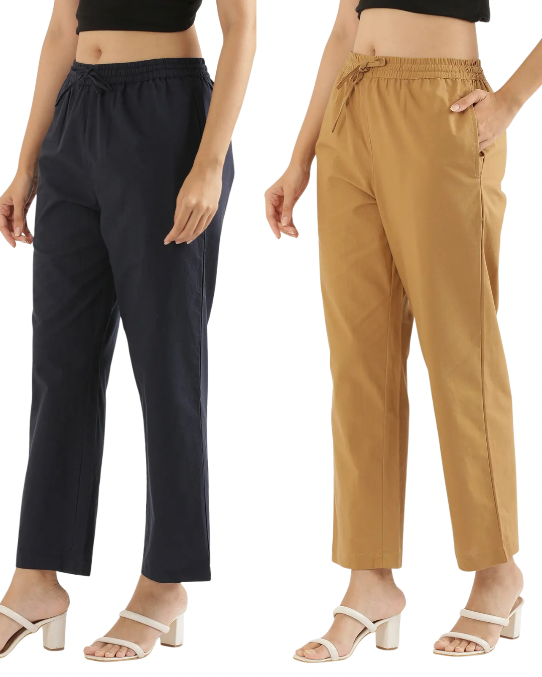 Women's Cotton Straight Pant - Navy Blue & Mocha (Pack of 2)
