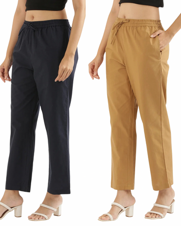 Women's Cotton Straight Pant - Navy Blue & Mocha (Pack of 2)