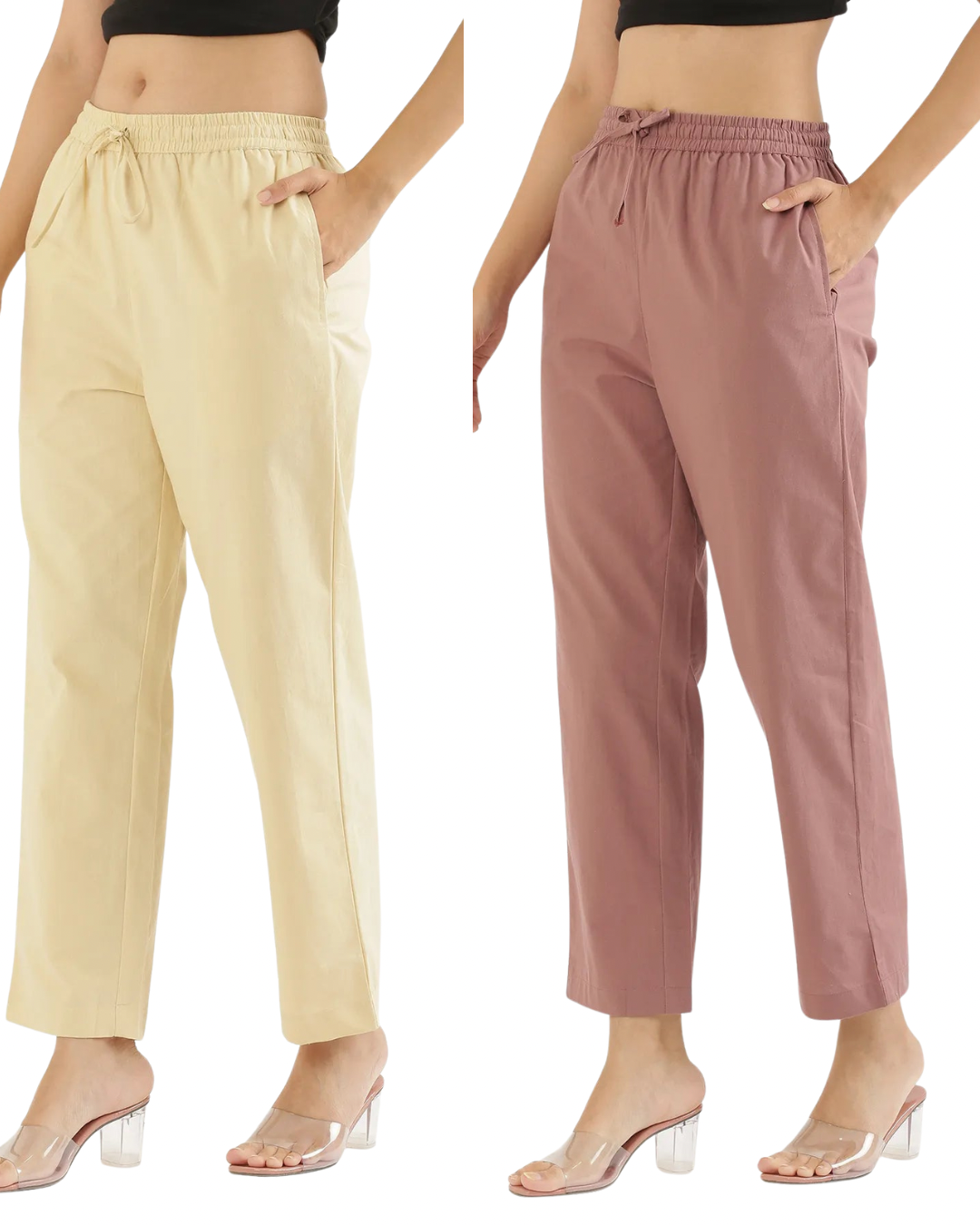 Women's Cotton Straight Pant - Beige & Dusty Rose (Pack of 2)