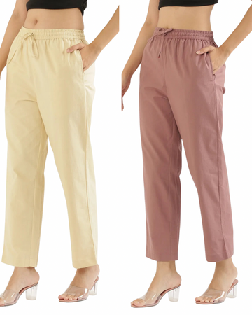 Women's Cotton Straight Pant - Beige & Dusty Rose (Pack of 2)