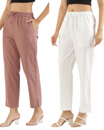 Women's Cotton Straight Pant - Dusty Rose & White (Pack of 2)