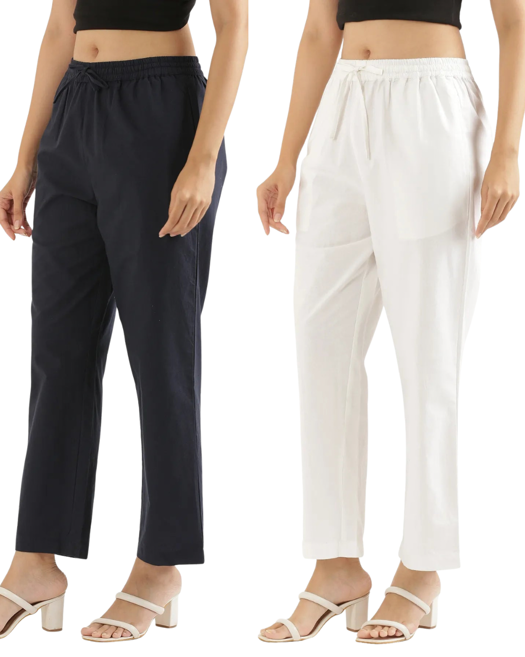 Women's Cotton Straight Pant - Navy Blue & White (Pack of 2)