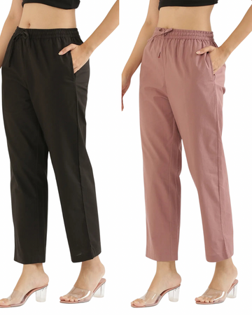 Women's Cotton Straight Pant - Black & Dusty Rose (Pack of 2)