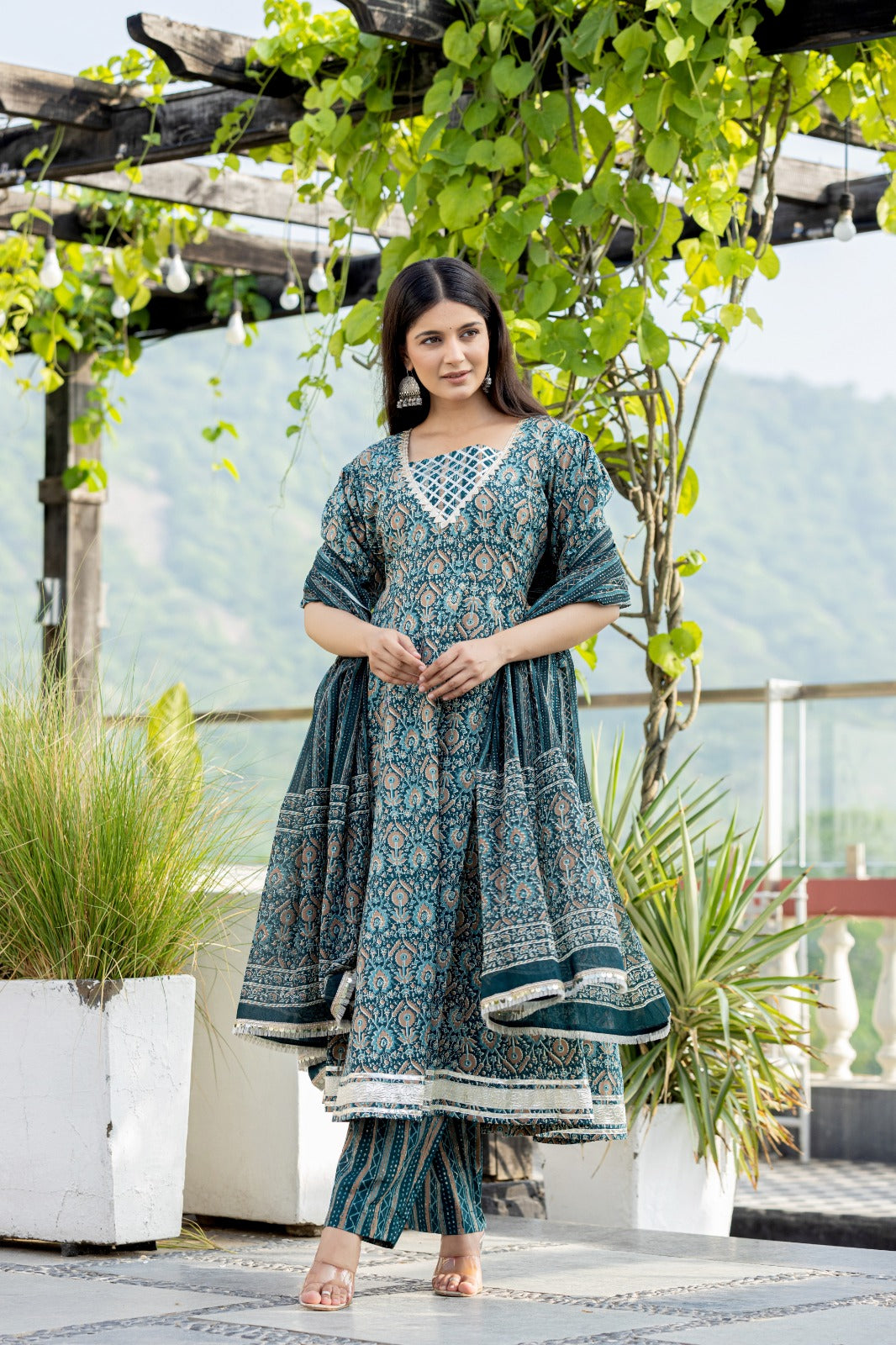 Panna Motif Anarkali Kurta With Pant And Dupatta