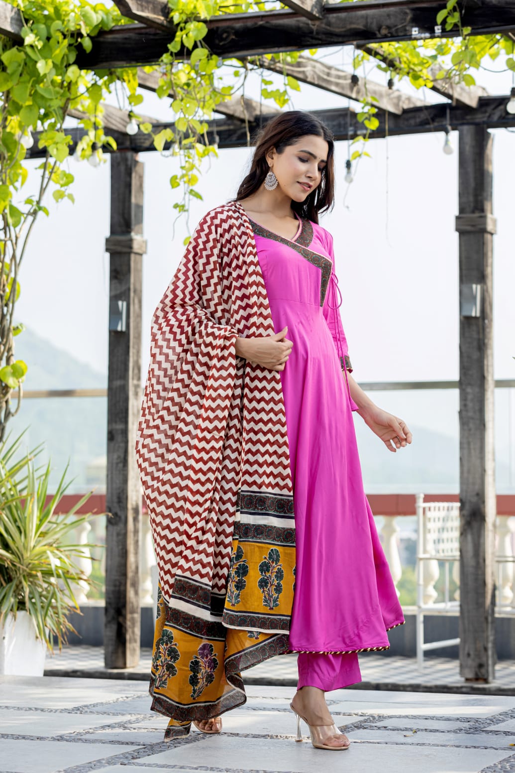 Purple Anarkali With Printed Cotton Dupatta