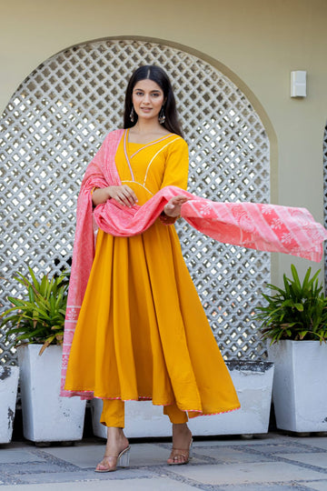 Mustard Anarkali With Printed Cotton Dupatta