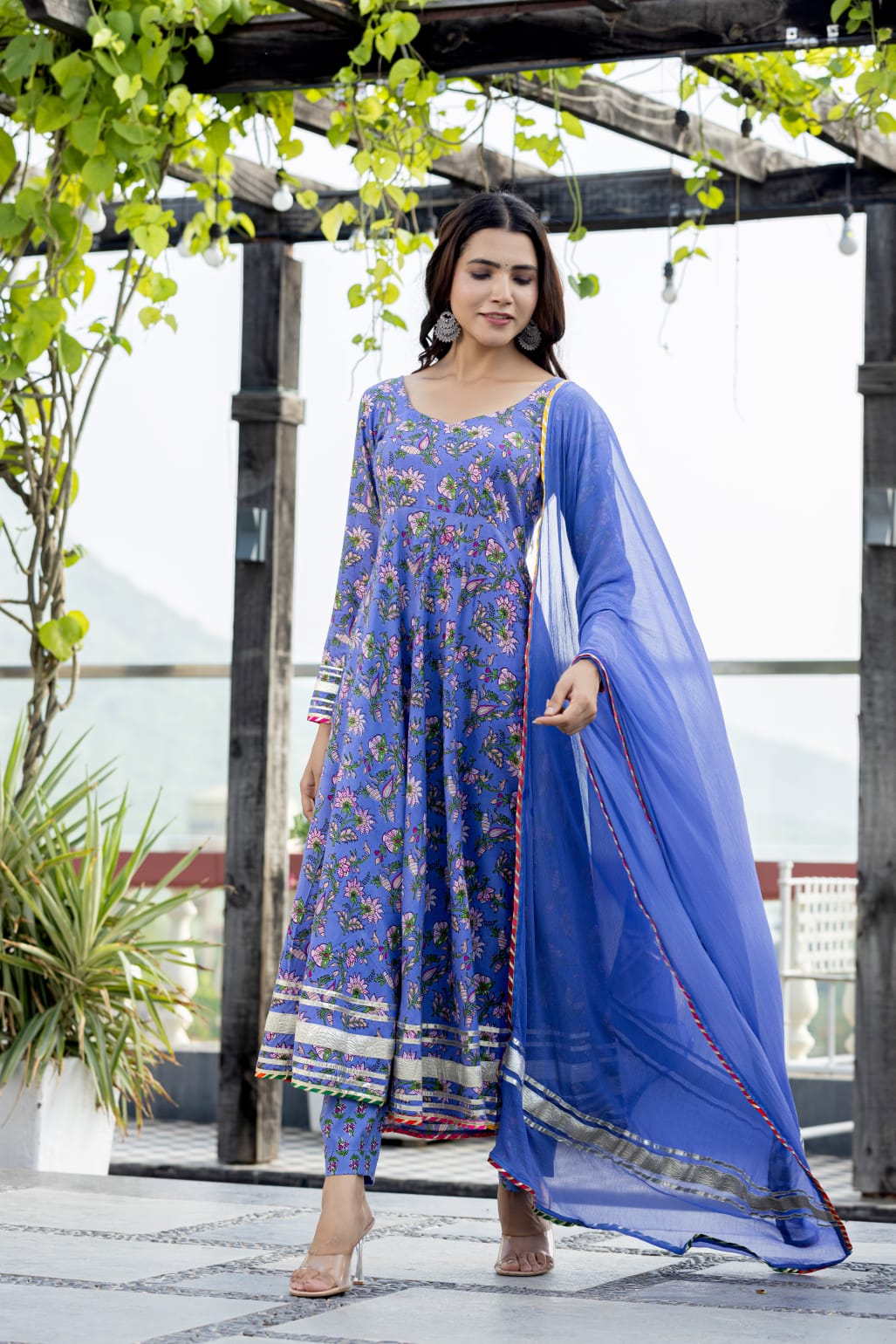 Jamuni Floral  Anarkali With Chiffon Dupatta