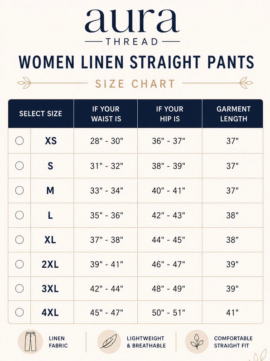 Size Guide for Women's Linen Straight Pant - Black