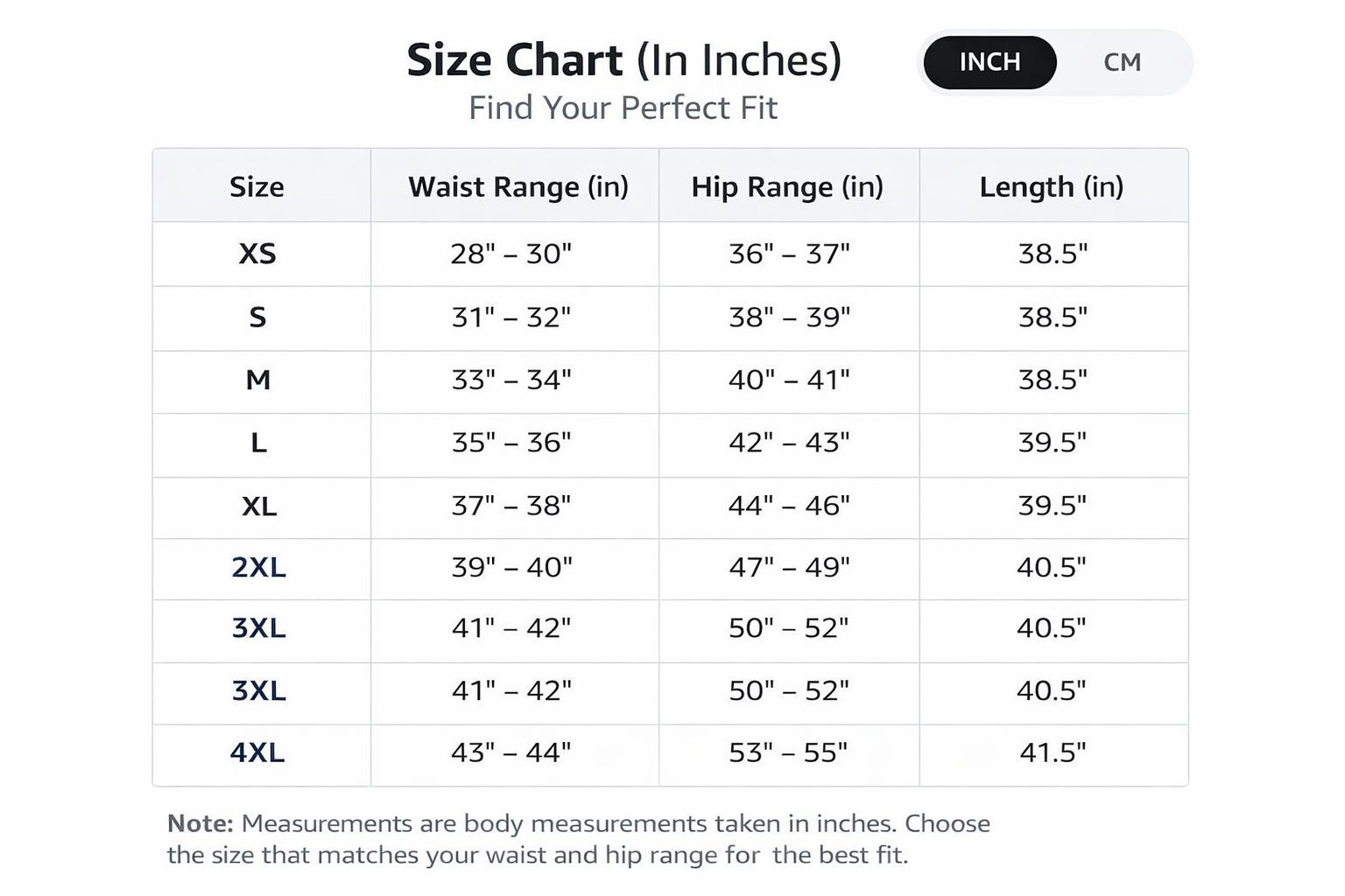Size Guide for Women's Cotton Straight Pant - Black