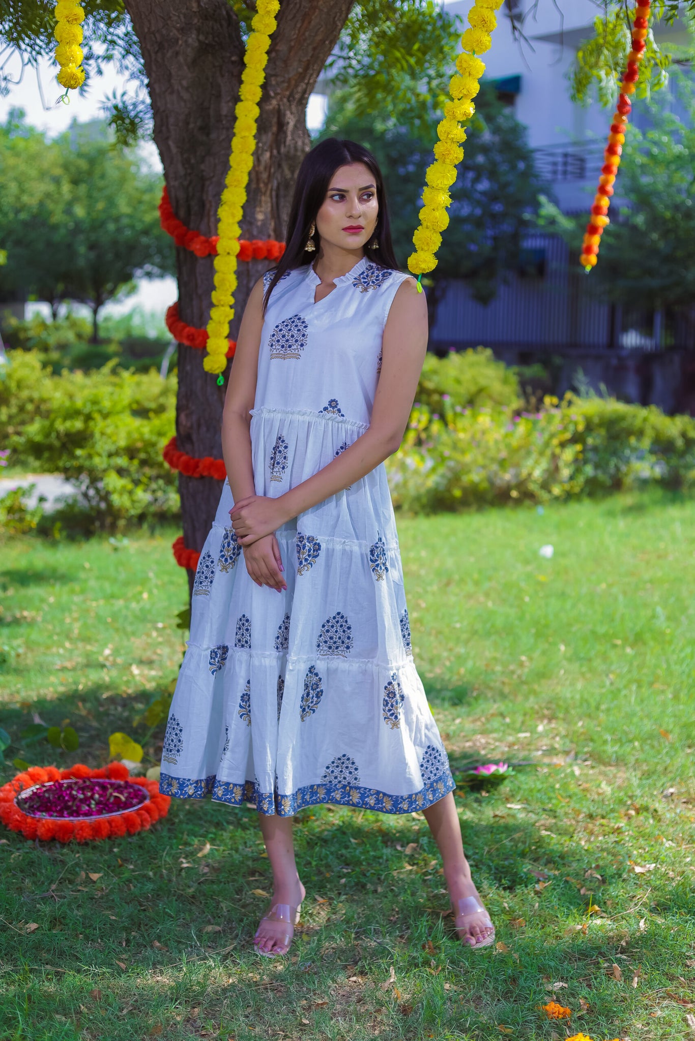 WHITE INDIGO DRESS WITH SHRUG