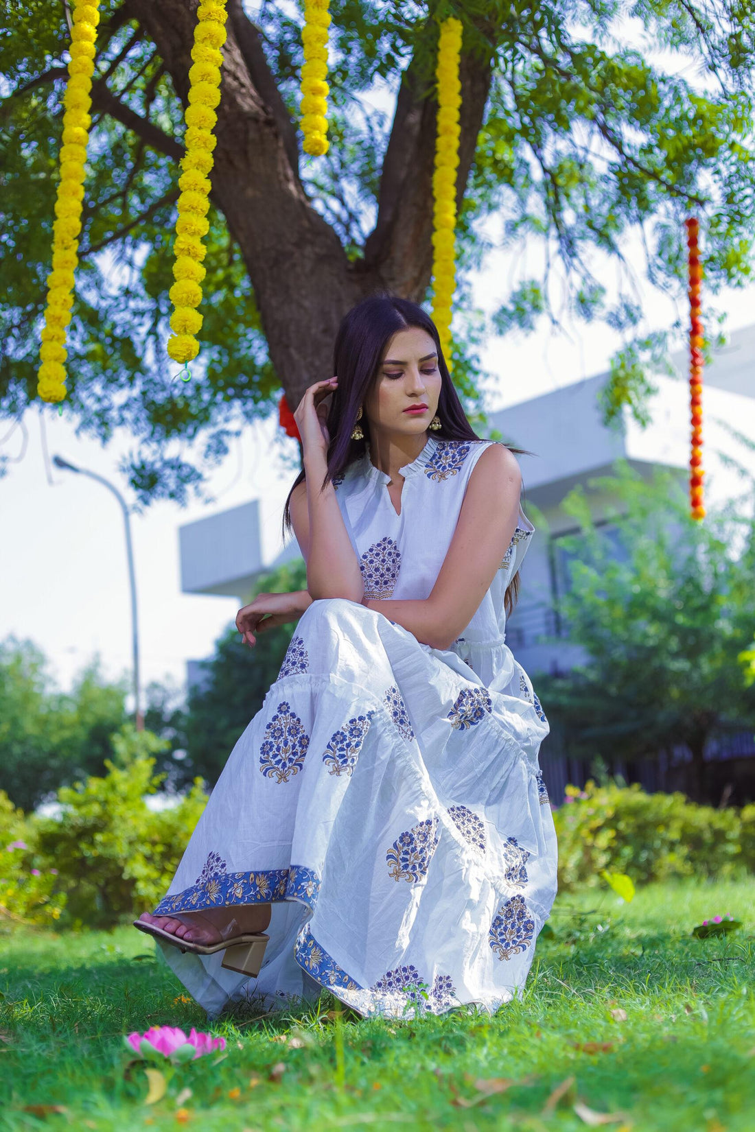 WHITE INDIGO DRESS WITH SHRUG