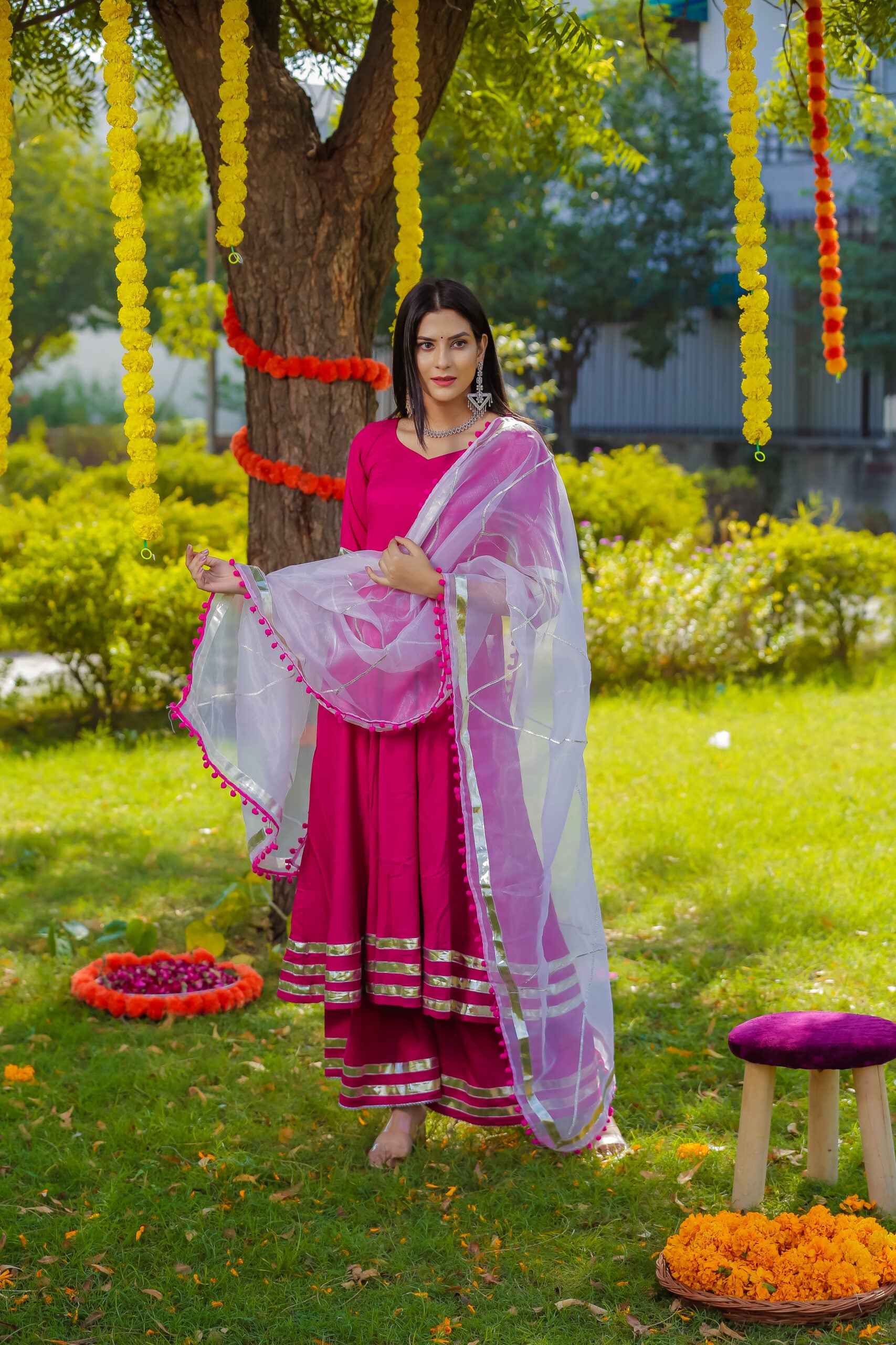 WINE ANARKALI GOTTA ORGANZA DUPATTA SET OF THREE