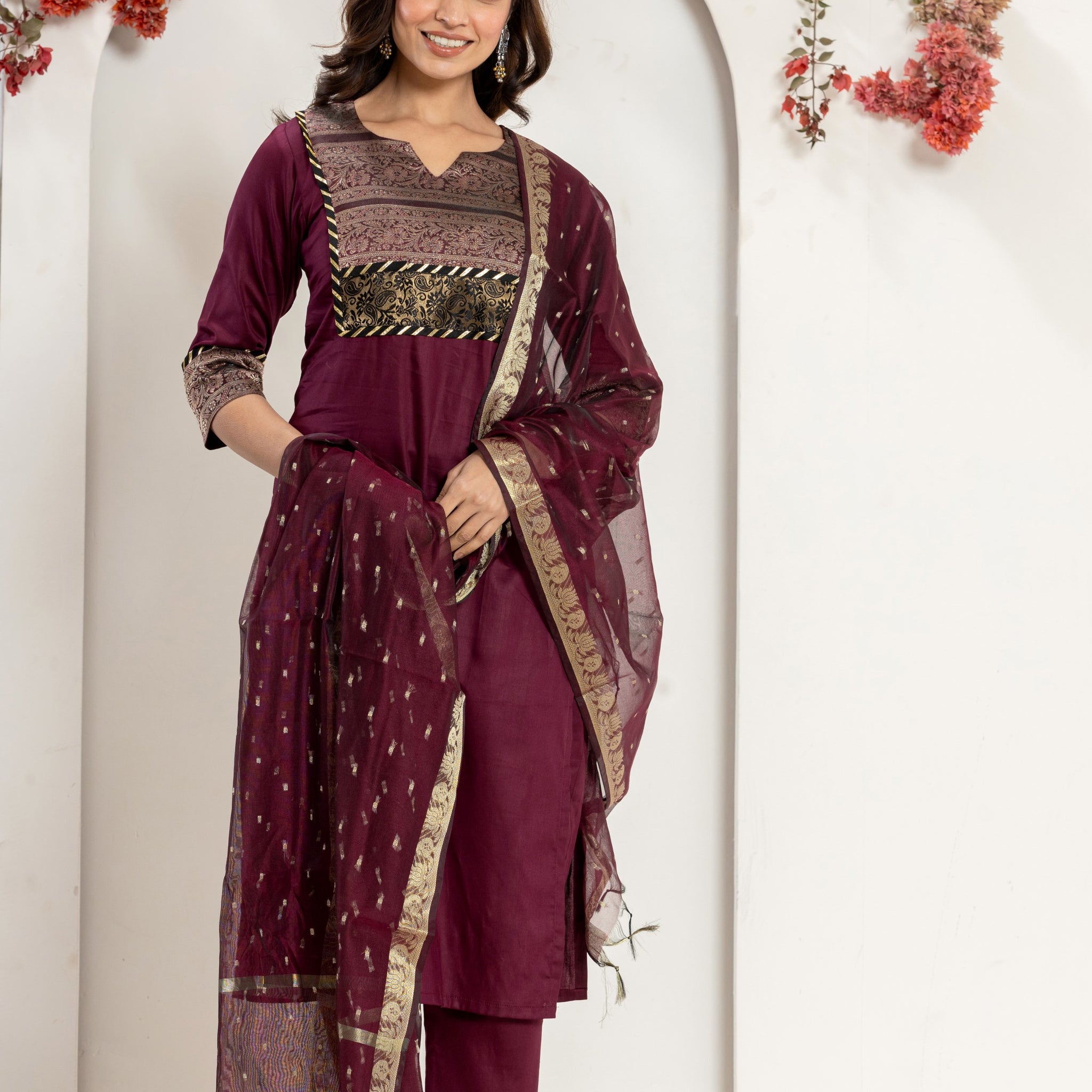 Wine Brocade Yoke Kurta Set