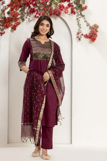 Wine Brocade Yoke Kurta Set