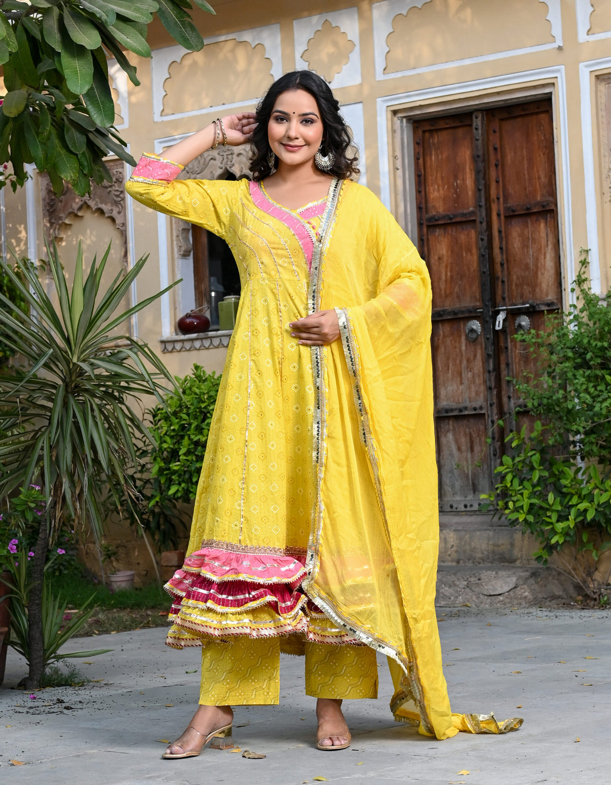 YELLOW LUREX COTTON THREE PIECE SET