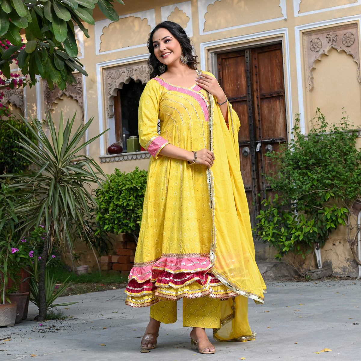 YELLOW LUREX COTTON THREE PIECE SET