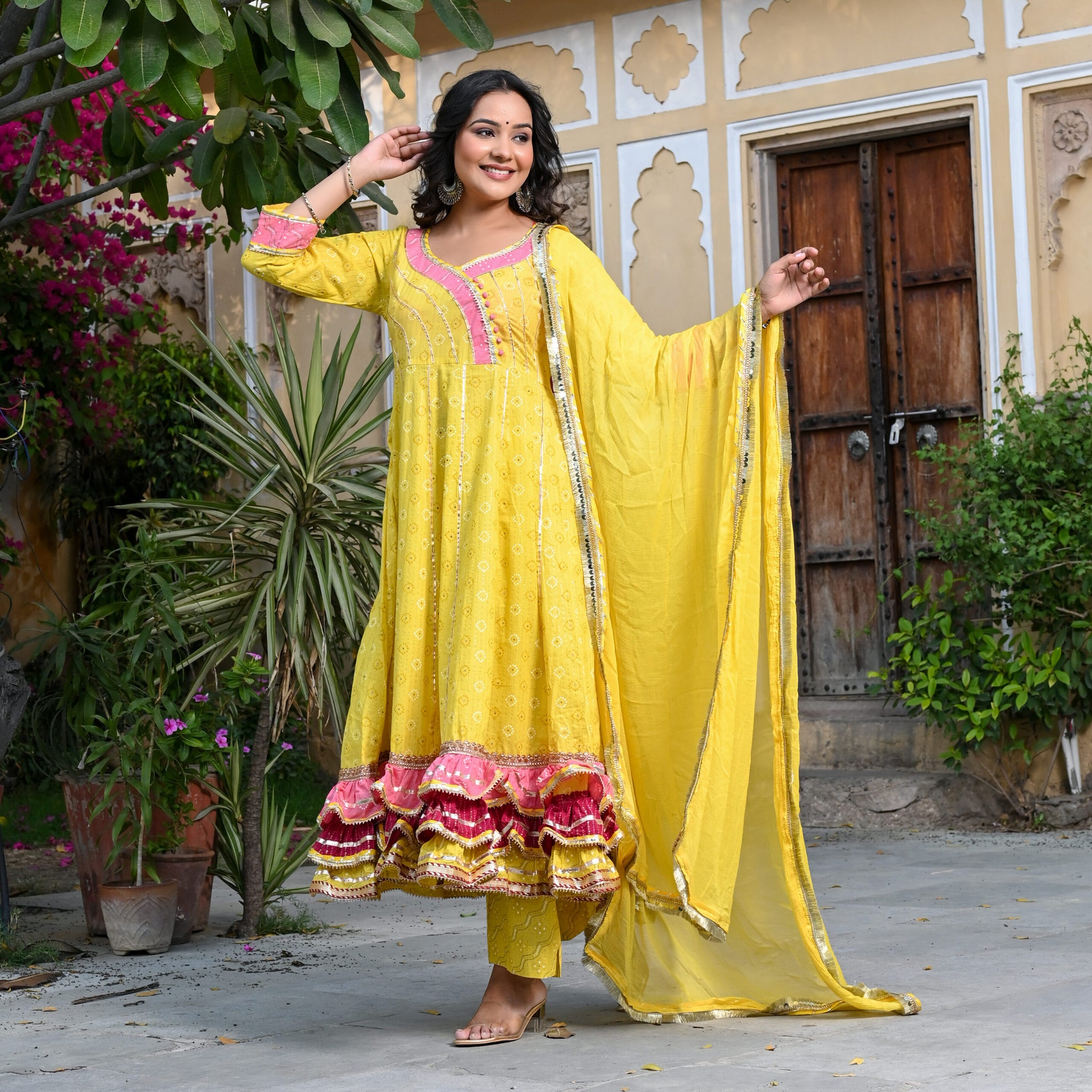 YELLOW LUREX COTTON THREE PIECE SET