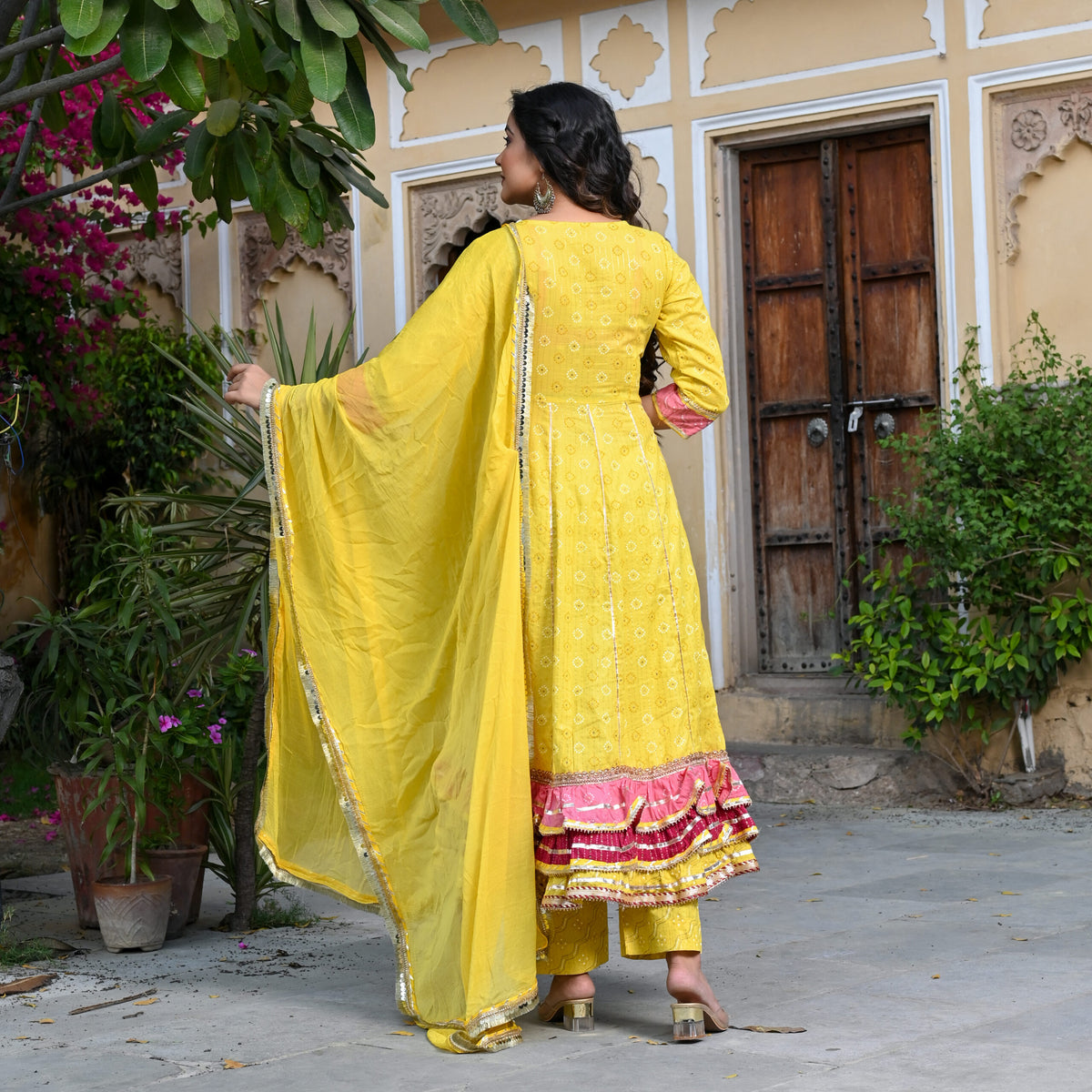 YELLOW LUREX COTTON THREE PIECE SET