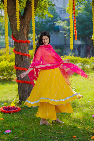 YELLOW RAYON LUREX WITH RANI PINK SILK DUPATTA SET OF THREE