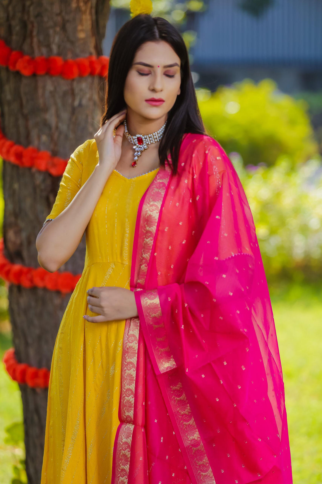 YELLOW RAYON LUREX WITH RANI PINK SILK DUPATTA SET OF THREE