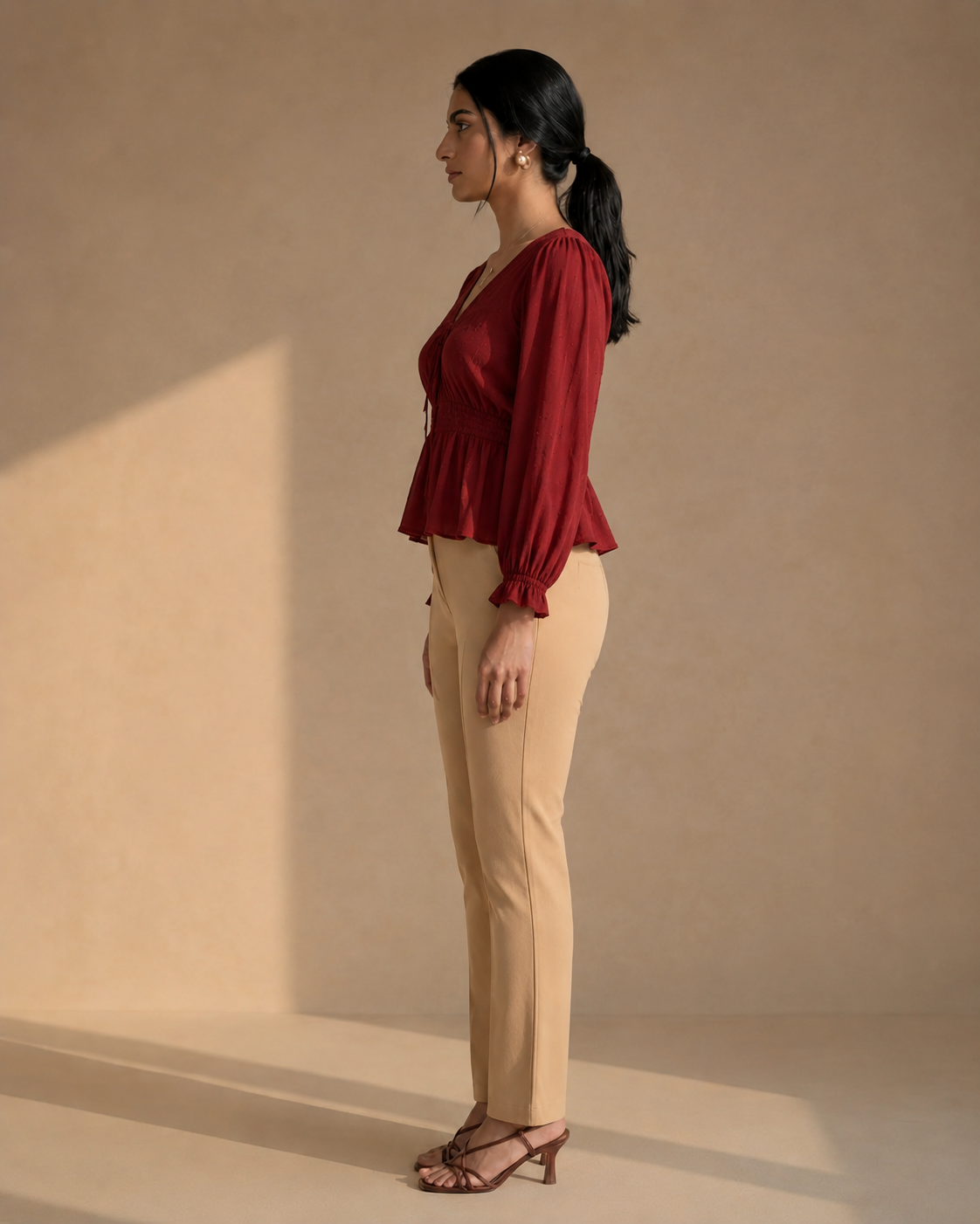 Beige Pintuck Lycra Pants