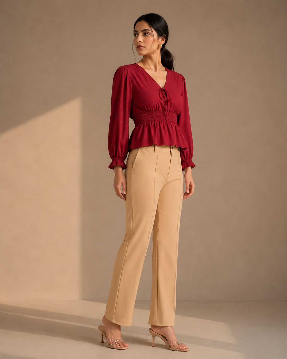 Beige Pintuck Lycra Pants